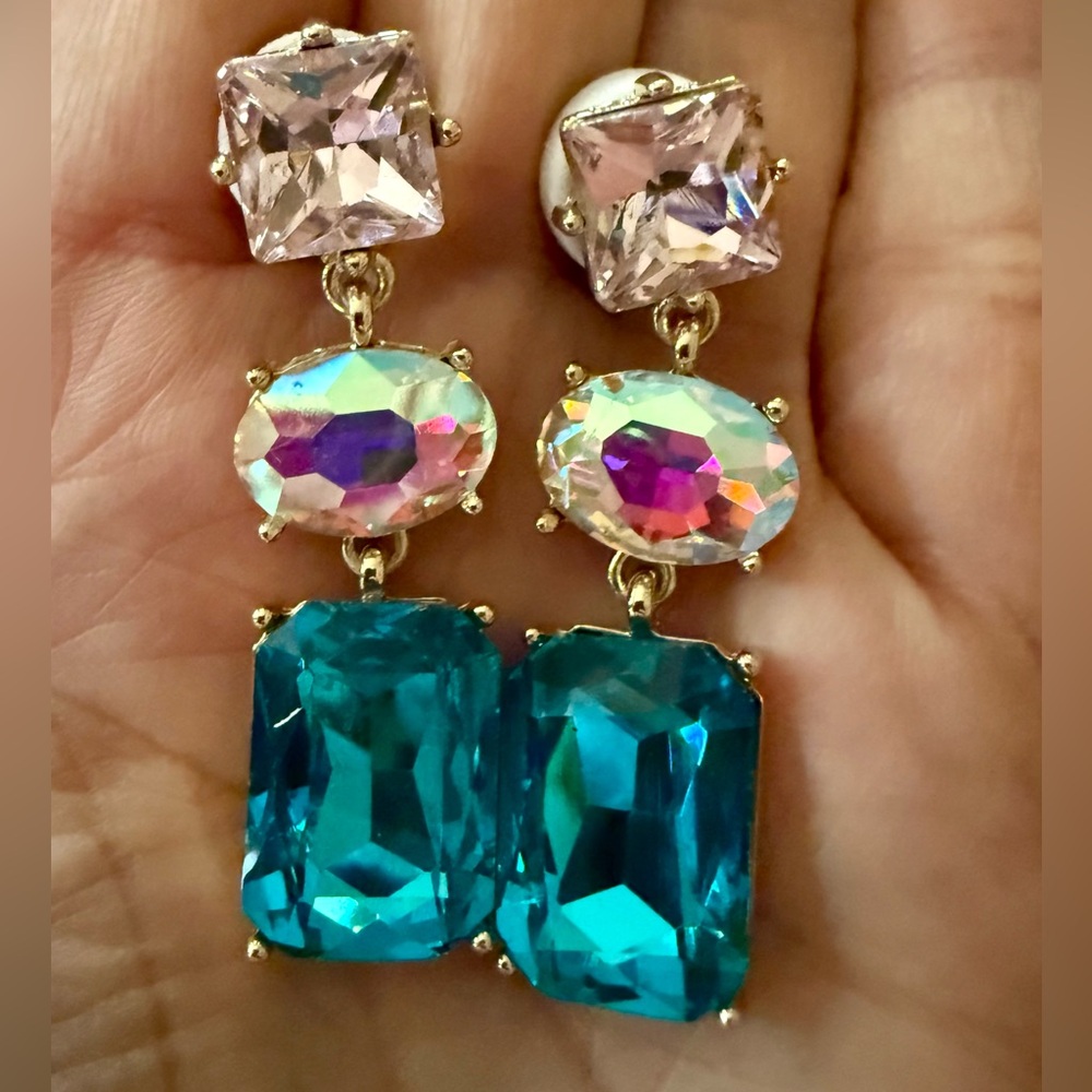 Gold and Blue Triple-Tiered Drop Earrings with Iridescent Stones NWOT